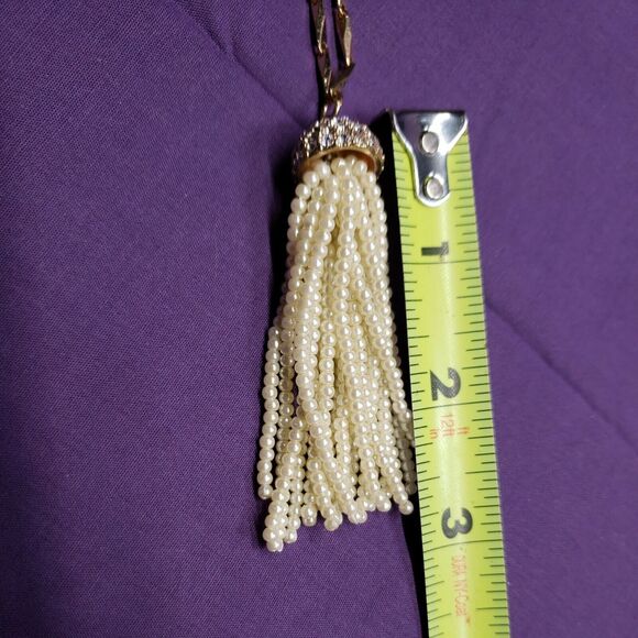 Baublebar Signed Long Gold Tone, Faux Pearl & Rhinestone Accent Tassel Necklace - Picture 7 of 12